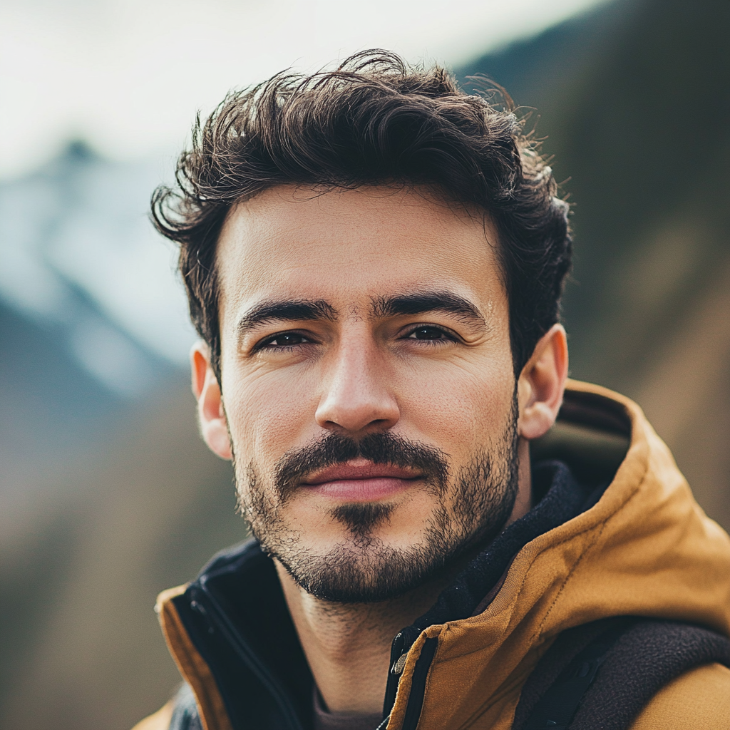 Luca Monti, un avatar maschile italiano di 30 anni, professionale e avventuroso, immerso in un ambiente naturale all’aperto.